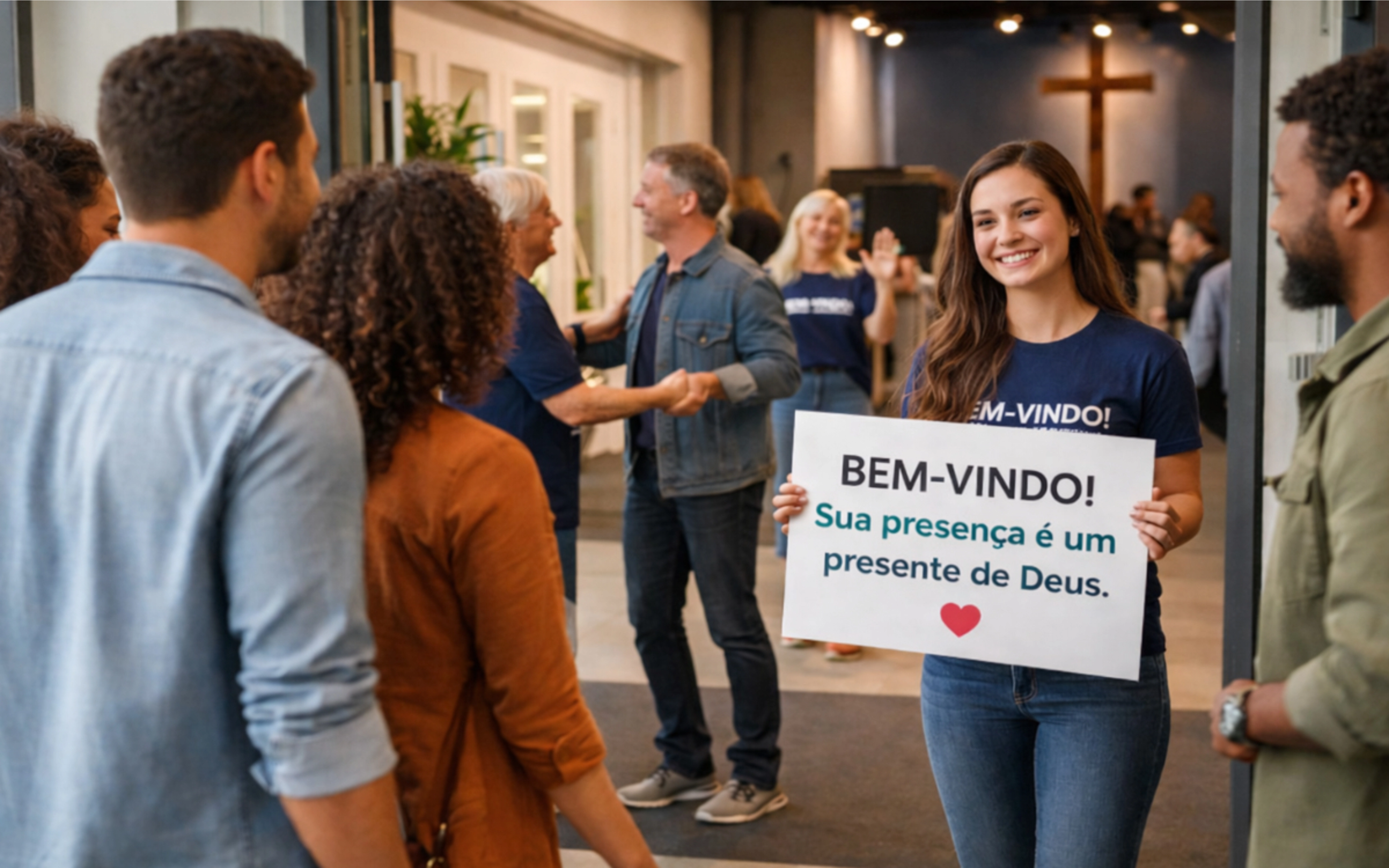 Equipe de recepção acolhendo pessoas na igreja